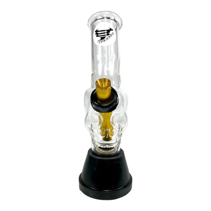 Glass smoking device with black base and gold accent on a white background