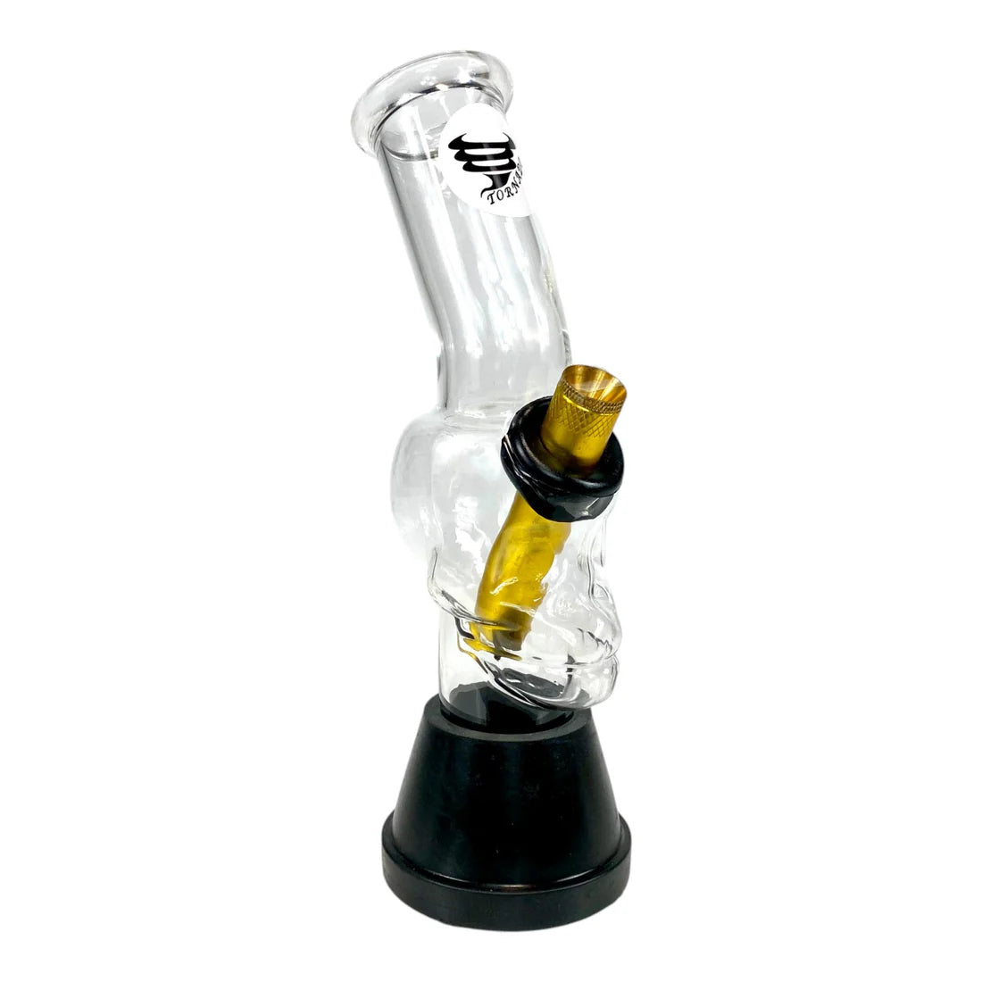 Glass smoking device with black base and gold accent on a white background