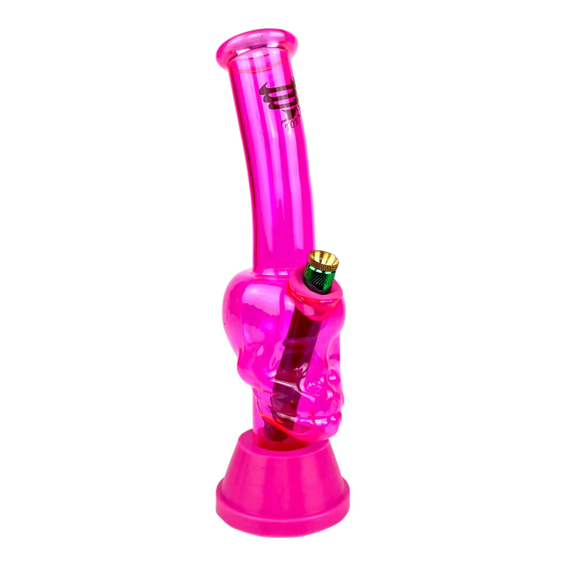 Pink glass water pipe on a white background
A pink silicone bong with a skull design and a silicone base.