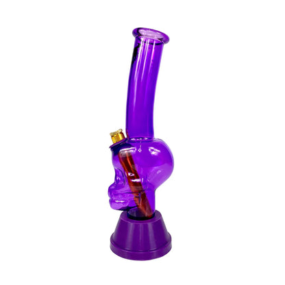 Purple glass bong with skull design on a white background
