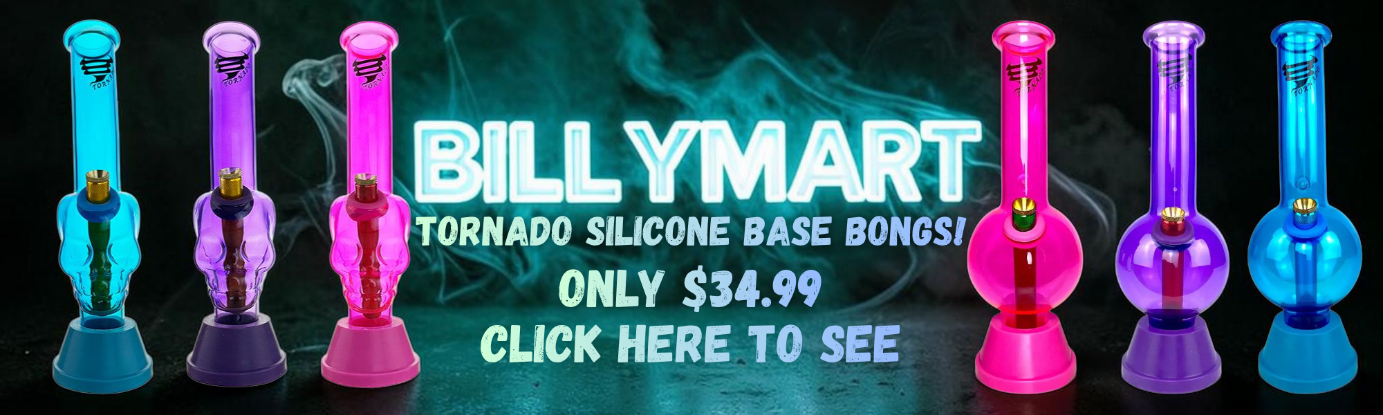 Colorful silicone base bongs with BillyMart branding on a dark background.