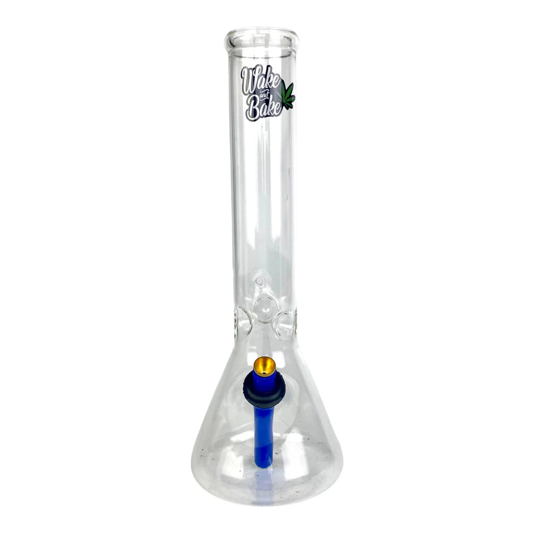 Clear glass bong with blue and gold accents on a white background