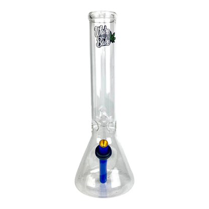 Clear glass bong with blue and gold accents on a white background