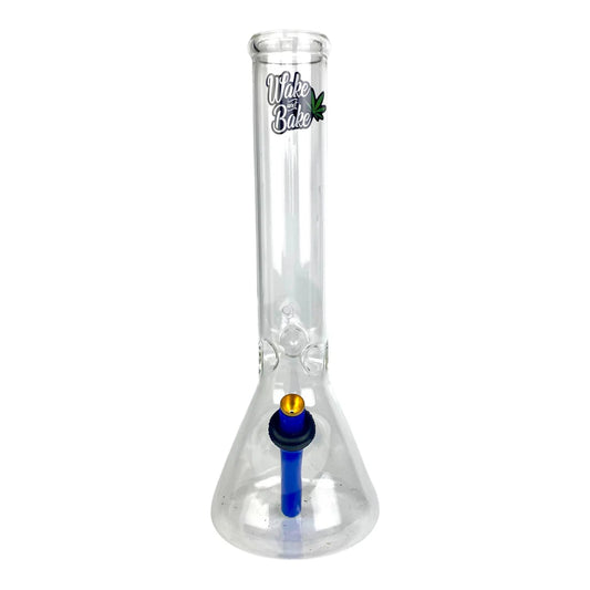 Clear glass bong with blue and gold accents on a white background