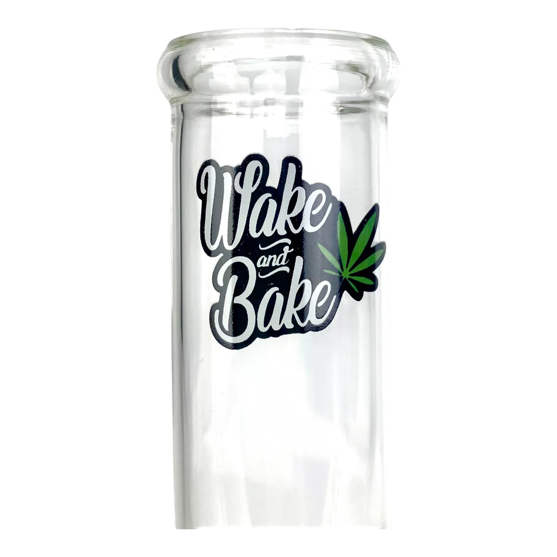 Clear glass jar with 'Wake and Bake' text and a cannabis leaf on a white background