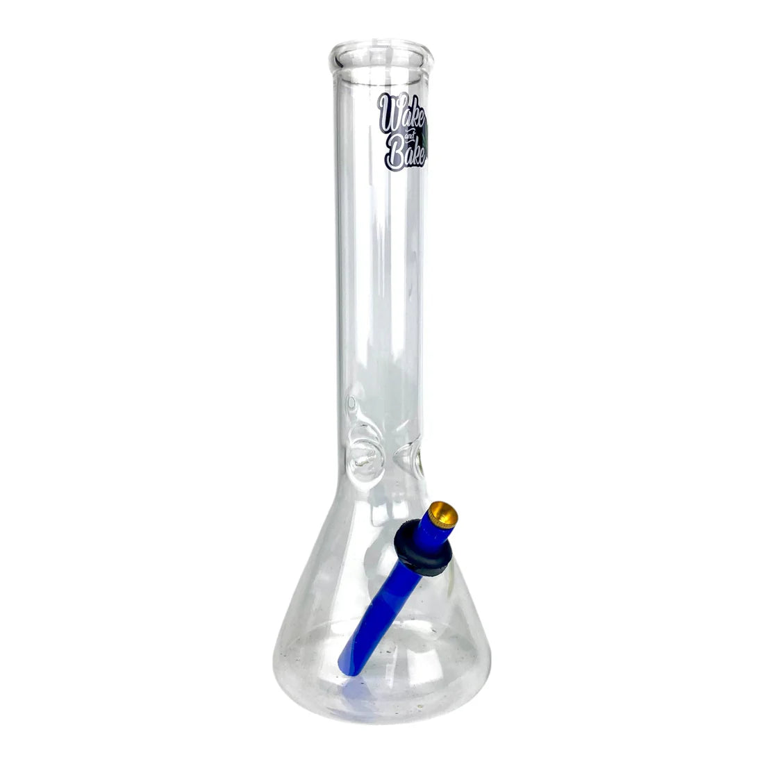 Clear glass bong with blue and gold accents on a white background