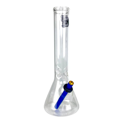 Clear glass bong with blue and gold accents on a white background
