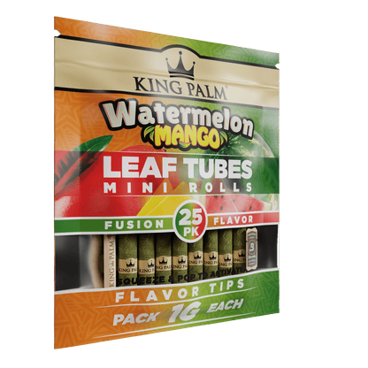 Packaging for KING PALM Watermelon Mango Mini Tubes, showing the flavor pack and individual tubes with fruit images. The pack contains 25 mini rolls.