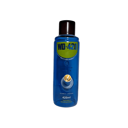 WD-420 Glass Bong 23cm — blue glass novelty bong with WD-40 bottle-inspired design, metal stem and brass cone piece