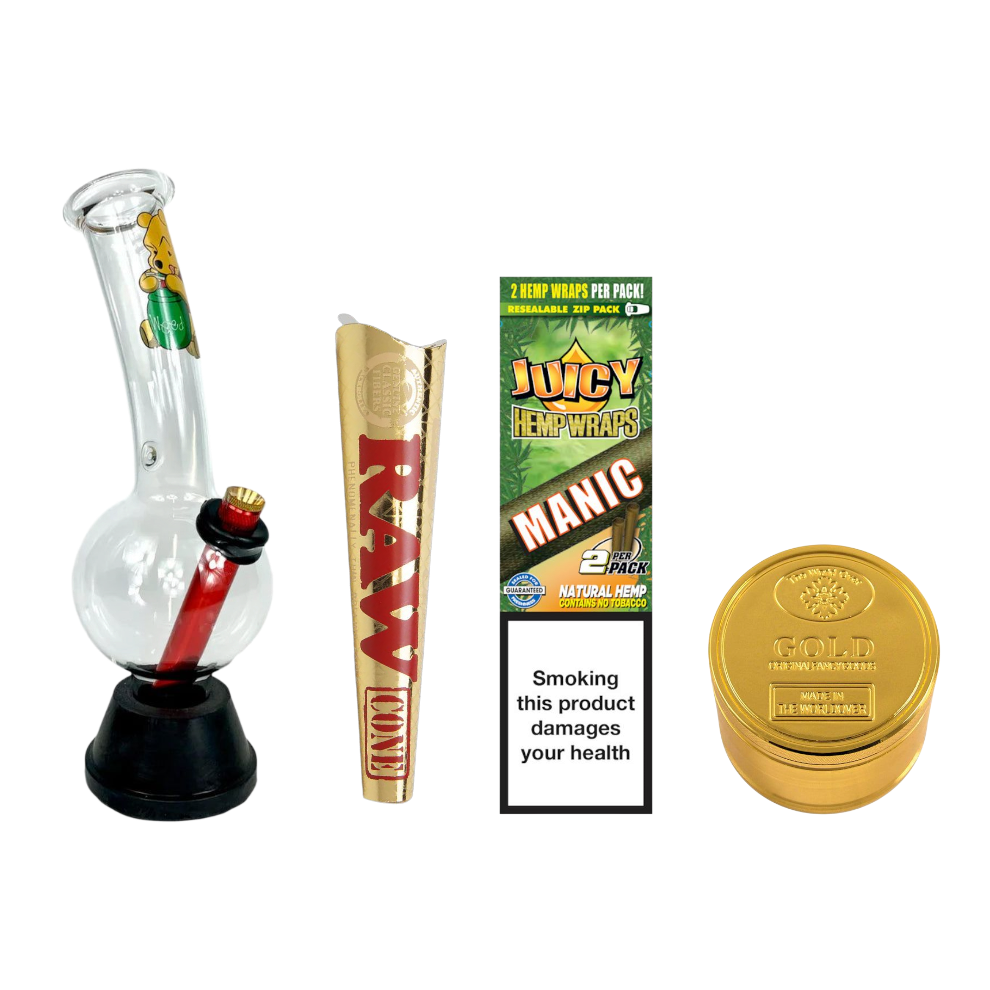 $55 Winnie The Pooh + Grinder Bundle featuring a 25cm Pooh bubble bong, Juicy Jay Manic hemp wrap, BILLYMART gold 4-piece grinder, and RAW Ethereal cones