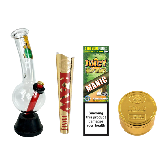 $55 Winnie The Pooh + Grinder Bundle featuring a 25cm Pooh bubble bong, Juicy Jay Manic hemp wrap, BILLYMART gold 4-piece grinder, and RAW Ethereal cones