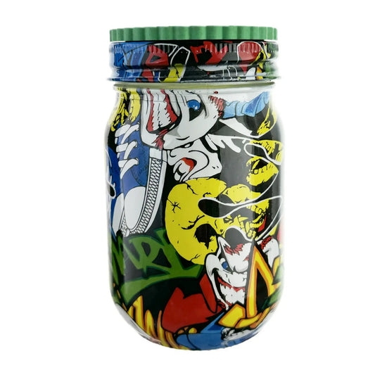 A colorful extra large jar with a grinder, featuring a vibrant graphic design.